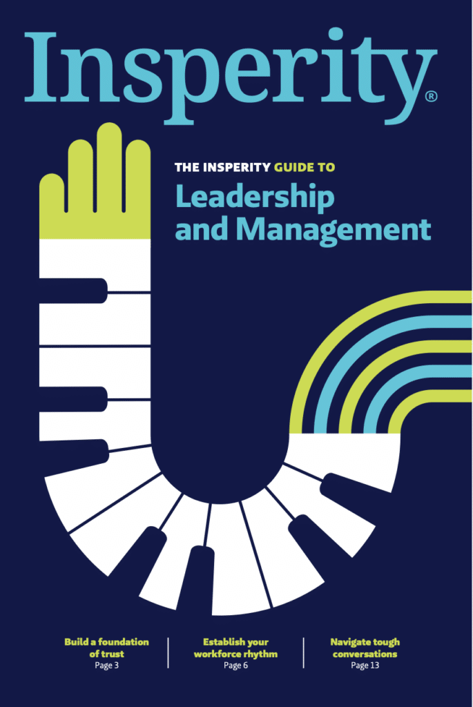 Cover of 'The Insperity Guide to Leadership and Management' with a dark blue background. A stylized piano keyboard graphic forms a semi-circle, with one end shaped like a green hand and the other like a curved rainbow of green and blue lines. Key topics are listed at the bottom.