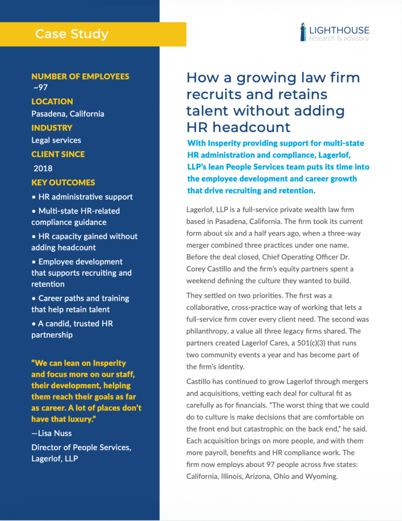 Case study document detailing how Lagerlof, LLP, a law firm with 97 employees, manages HR and talent retention with Insperity's support, avoiding additional HR headcount.