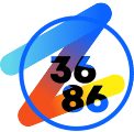 Logo with a blue circle, abstract blue and orange gradient shapes, and black numbers 36 and 86.