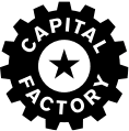 Black and white Capital Factory logo with a gear, star, and text.