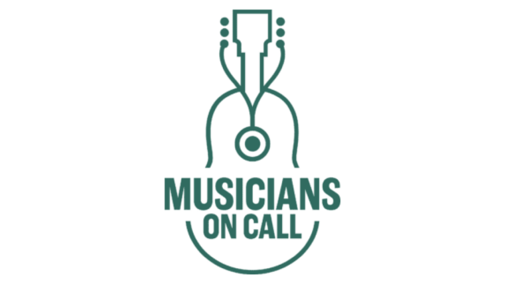 Teal logo for Musicians On Call on a black background. The logo features a stylized guitar outline integrated with a stethoscope, with the words 'MUSICIANS ON CALL' written below.