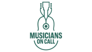 Teal logo for Musicians On Call on a black background. The logo features a stylized guitar outline integrated with a stethoscope, with the words 'MUSICIANS ON CALL' written below.
