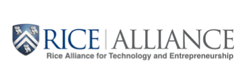 Logo for Rice Alliance for Technology and Entrepreneurship. It features a blue shield with white chevrons and owls, followed by the words 'RICE ALLIANCE' in blue and gray text, and the full name 'Rice Alliance for Technology and Entrepreneurship' below.