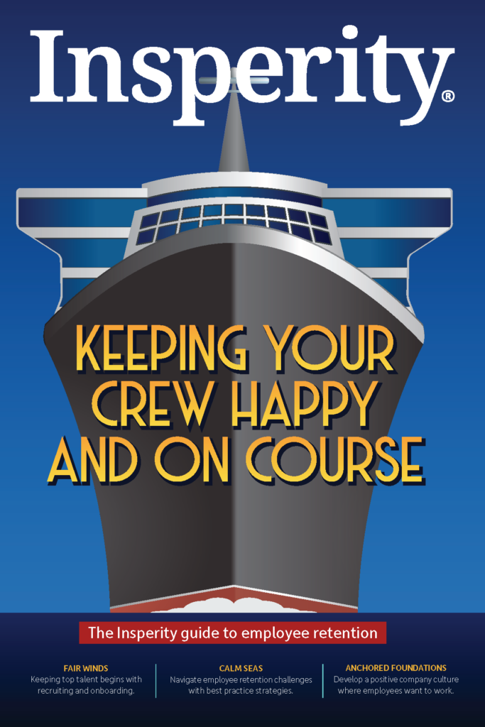Cover of the Insperity guide to employee retention magazine featuring a stylized gray and white ship.