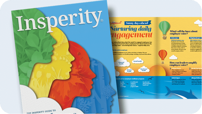 An open Insperity magazine, angled. The cover shows the title 'Insperity' and four colorful profile silhouettes representing seasons. The open pages discuss 'Nurturing daily engagement' and 'What's all the buzz about employee voice?' with illustrations of hot air balloons, clouds, and a whale.