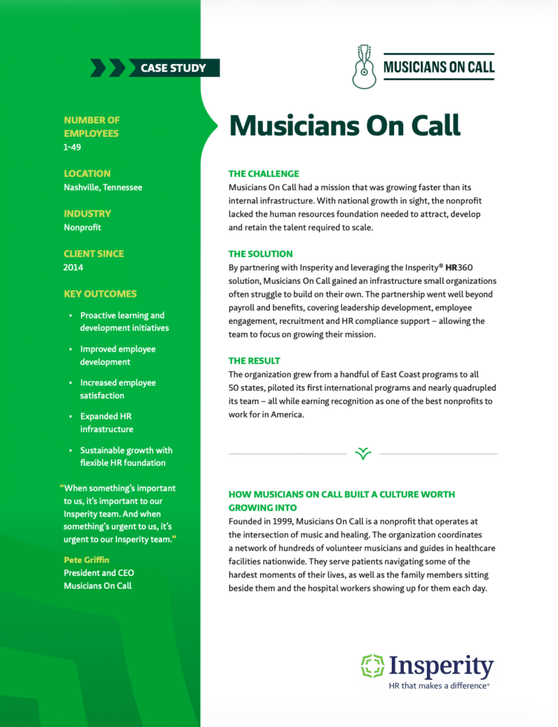 A case study document titled 'Musicians On Call' outlining their HR partnership with Insperity. It details the nonprofit's challenges, Insperity's solutions, and positive results including growth and improved employee outcomes.