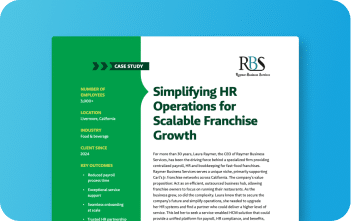 A digital case study document titled 'Simplifying HR Operations for Scalable Franchise Growth', featuring a green sidebar with client details and key outcomes, and the RBS Raymer Business Service logo.