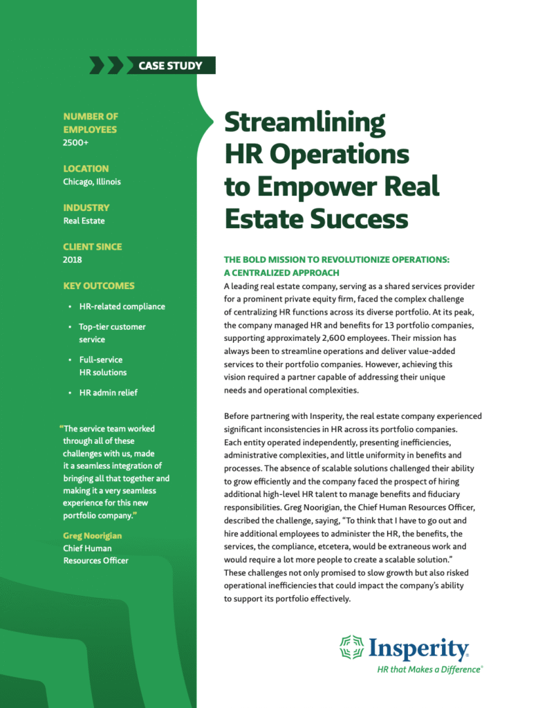 Insperity case study document titled 'Streamlining HR Operations to Empower Real Estate Success' for a real estate company in Chicago, Illinois, with 2500+ employees. It details key outcomes like HR compliance, full-service HR solutions, and HR admin relief.