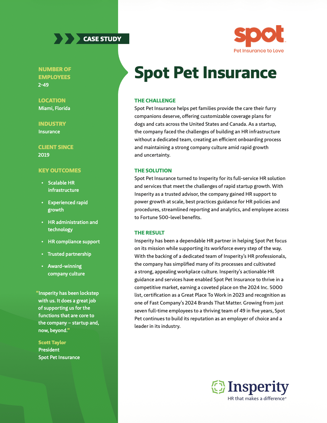 A case study document detailing Spot Pet Insurance's partnership with Insperity, outlining HR challenges, solutions, and positive results, including company growth and awards.