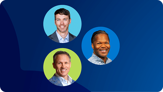 Three circular headshots of smiling men on a blue background. The men have diverse appearances and are wearing business casual attire.