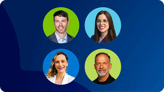 Four headshots of diverse individuals in circular frames on a blue background. Two men and two women are shown, each smiling.