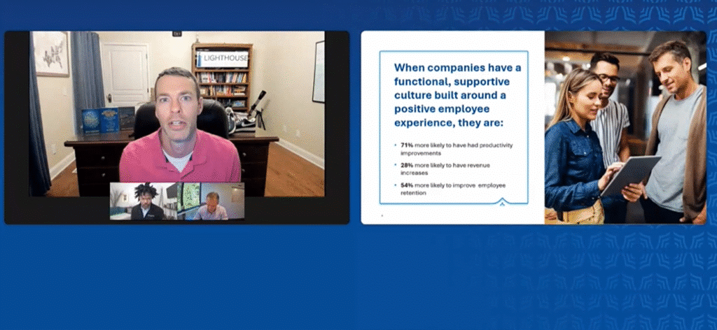 A virtual presentation screen showing a speaker in a pink polo shirt, two smaller video feeds, and a slide. The slide details how a positive employee experience leads to 71% productivity improvements, 28% revenue increases, and 54% better employee retention, accompanied by an image of three colleagues looking at a tablet.