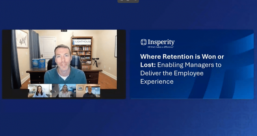 Screenshot of a video conference featuring a main male speaker and three smaller participant videos, alongside an Insperity presentation slide titled 'Where Retention is Won or Lost: Enabling Managers to Deliver the Employee Experience'.