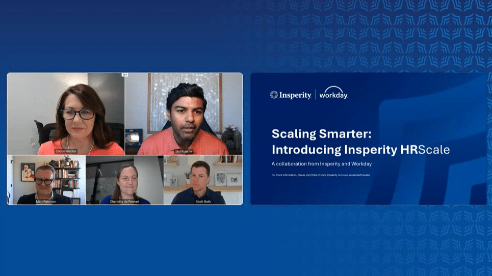 A video call with five participants and a presentation slide titled 'Scaling Smarter: Introducing Insperity HRScale' by Insperity and Workday.