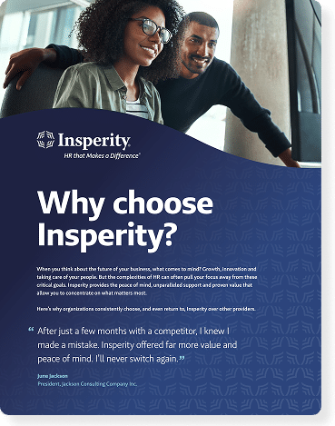 Two smiling professionals, a woman and a man, looking right. Below them, the Insperity logo and text 'Why choose Insperity?' with a customer testimonial.