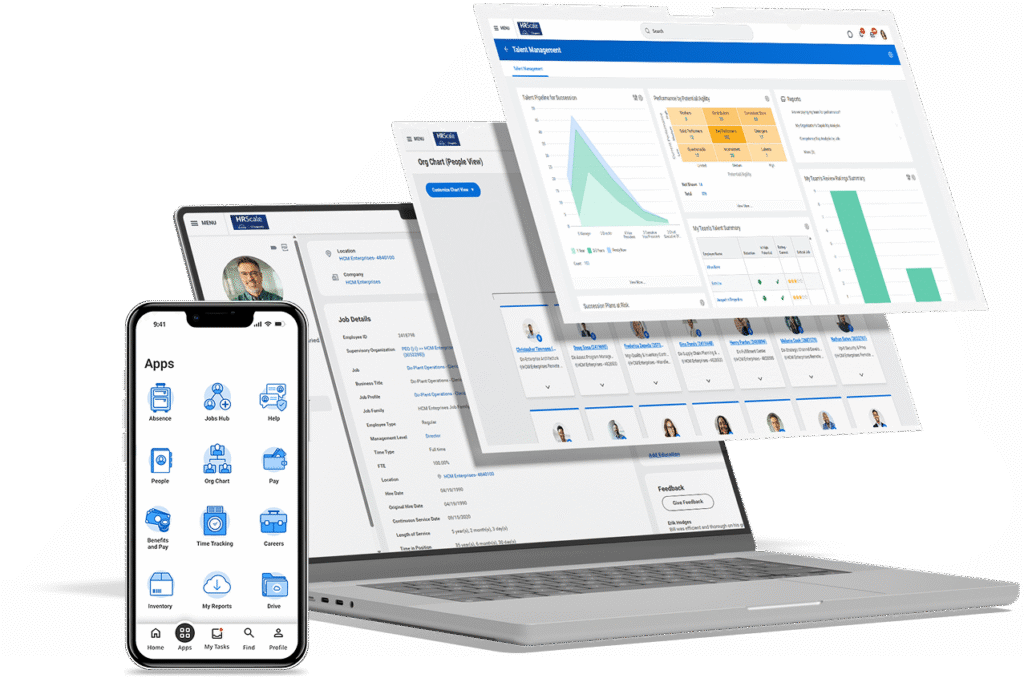 A laptop and a smartphone displaying the HRScale human resources management software. The laptop shows talent management dashboards, organizational charts, and job details, while the phone displays a mobile app with various HR functions.